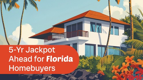 White two-story house with orange roof, palm trees, tropical flowers, red banner text overlay.
