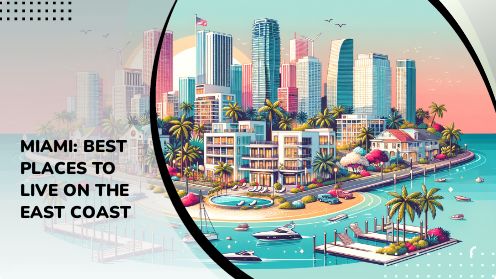 Miami waterfront scene with palm trees, boats, and modern high-rise buildings.