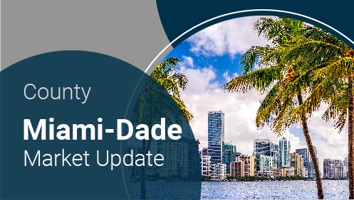Miami-Dade County market update graphic shows waterfront skyline with palm trees.