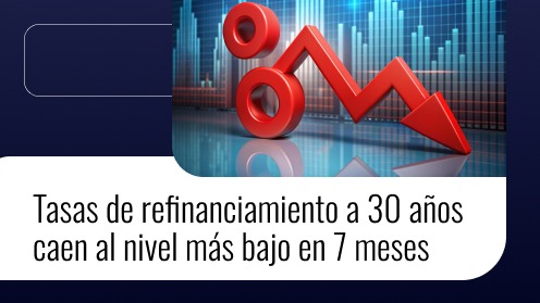 Red 3D graph arrow descending over bar chart background with Spanish text overlay.