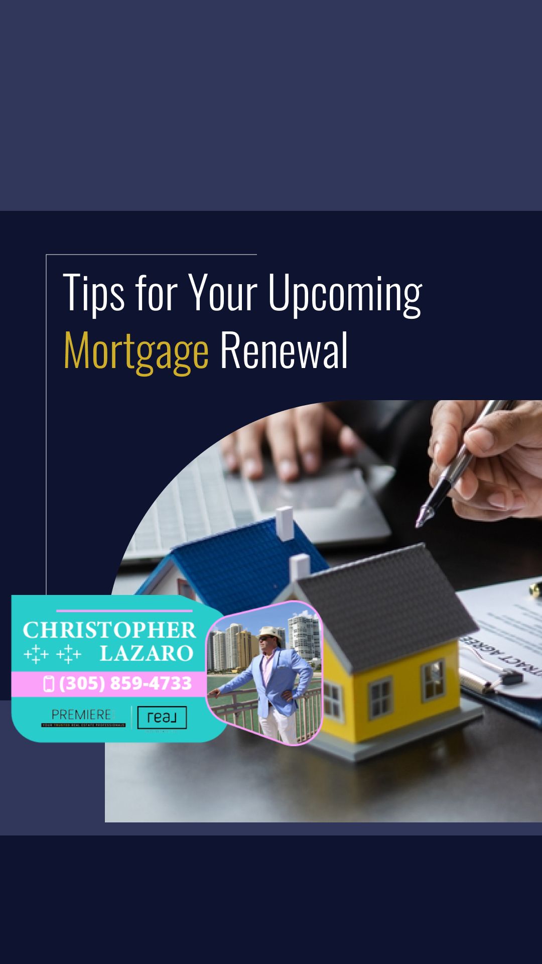 Hand signing mortgage documents beside yellow house model.