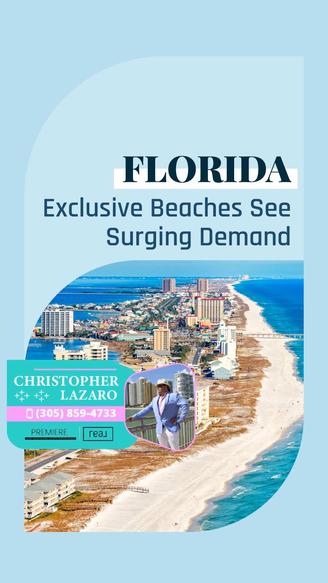 Florida beachfront property listing with agent photo and contact details.