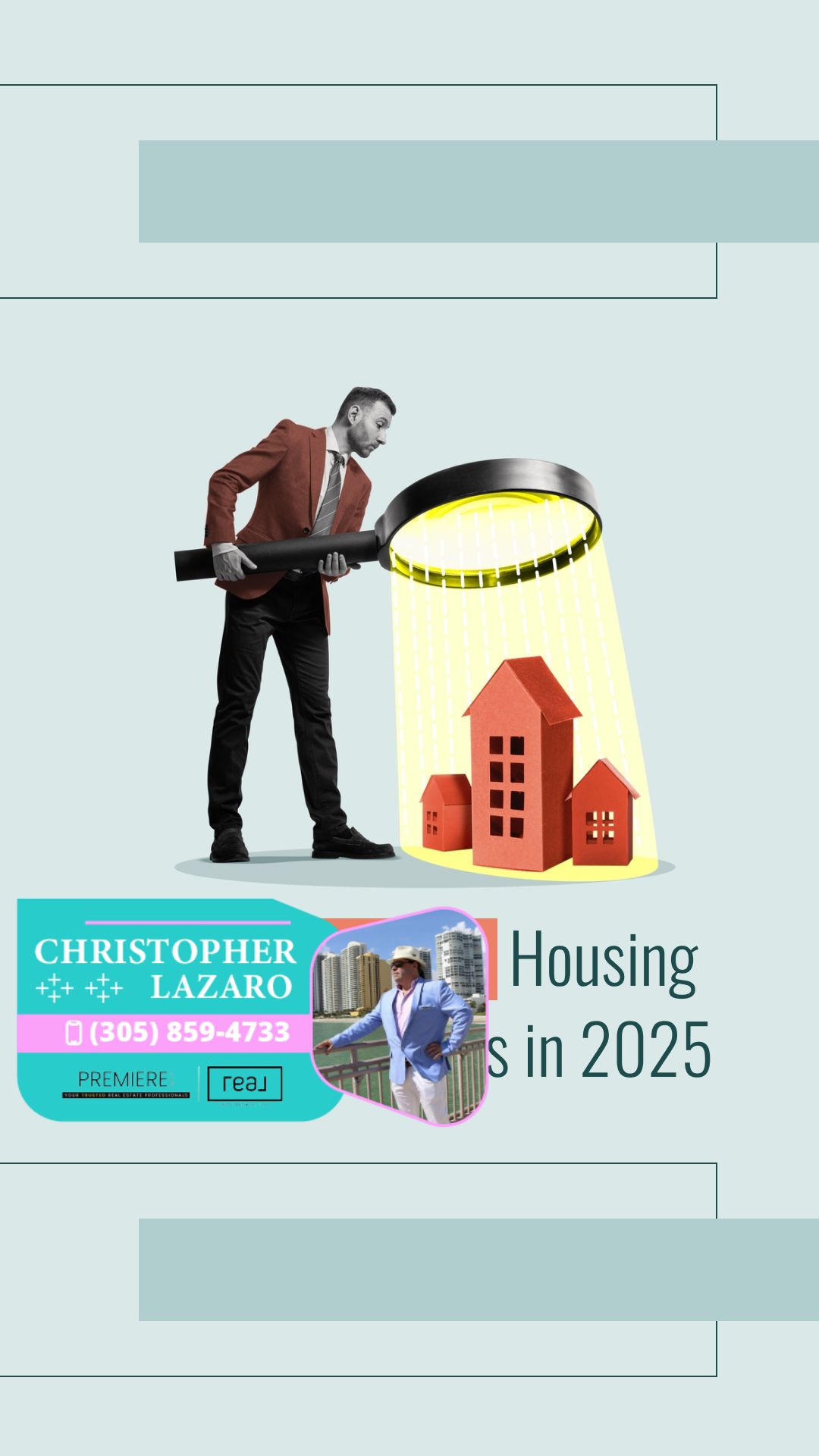 Man holds magnifying glass over stylized red houses; graphic includes name, phone, and city skyline photo.