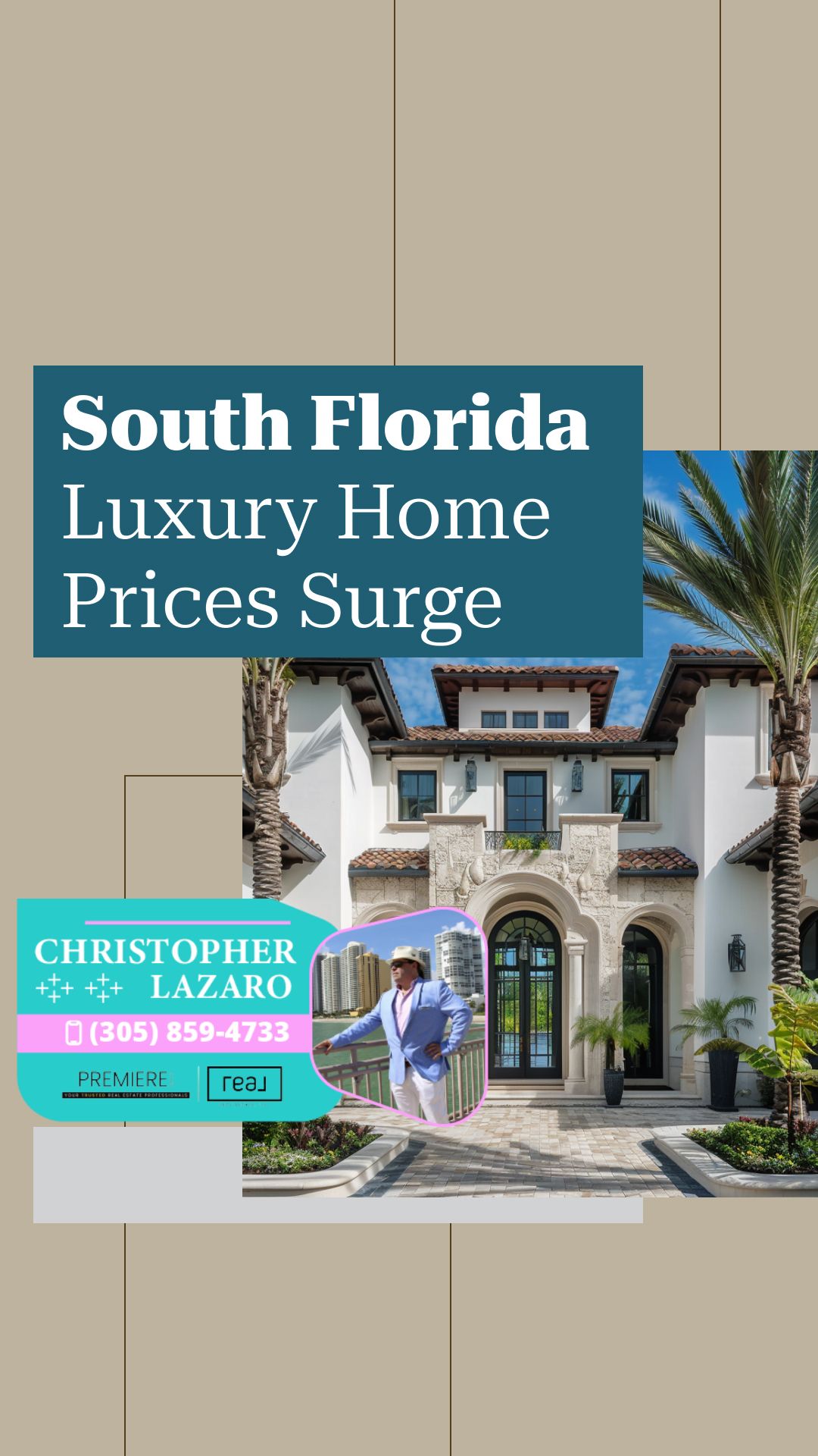 South Florida luxury home with arched entry, palm trees, and real estate agent photo.