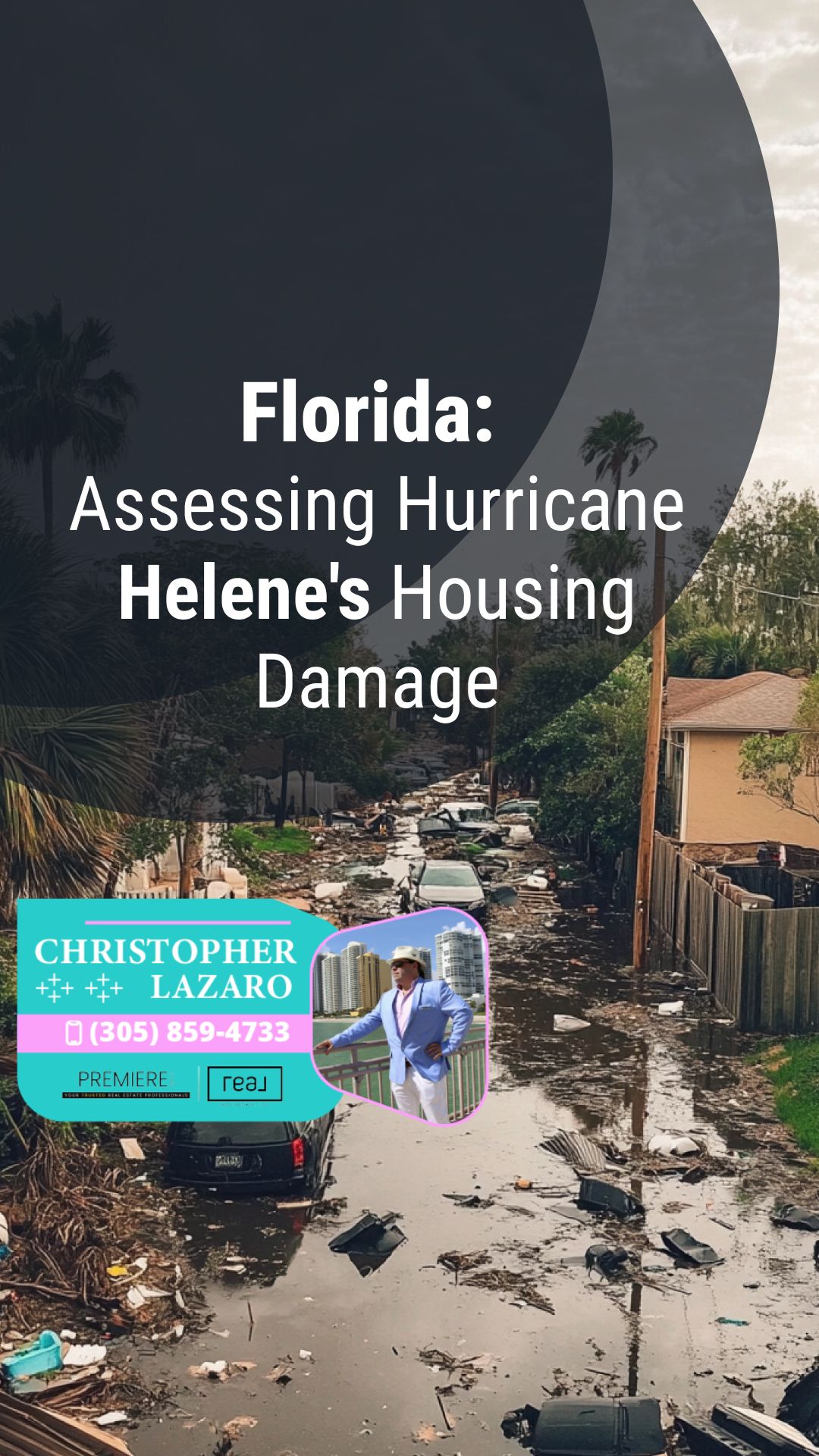 Hurricane Helene flooded street with debris, palm trees, and damaged homes in Florida.