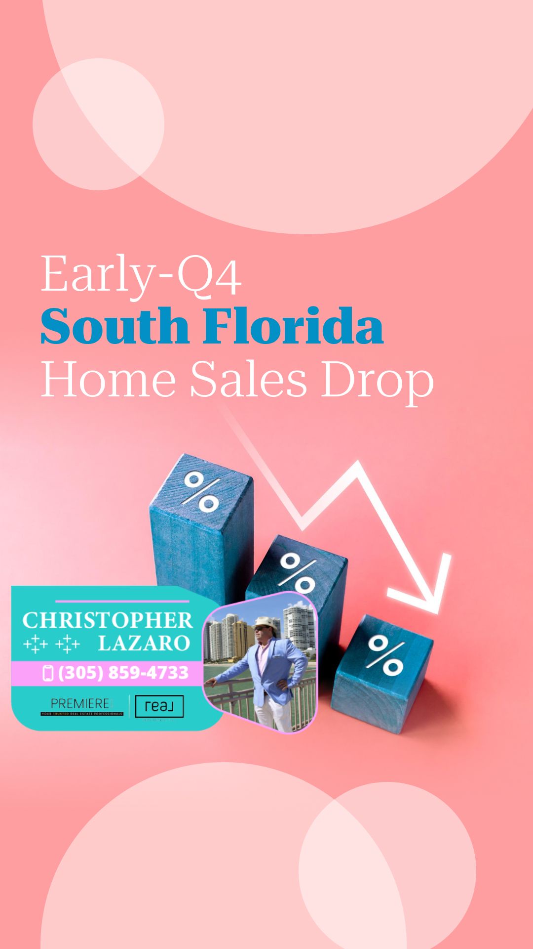 Graphical infographic showing declining home sales in South Florida with downward arrow and percentage blocks.