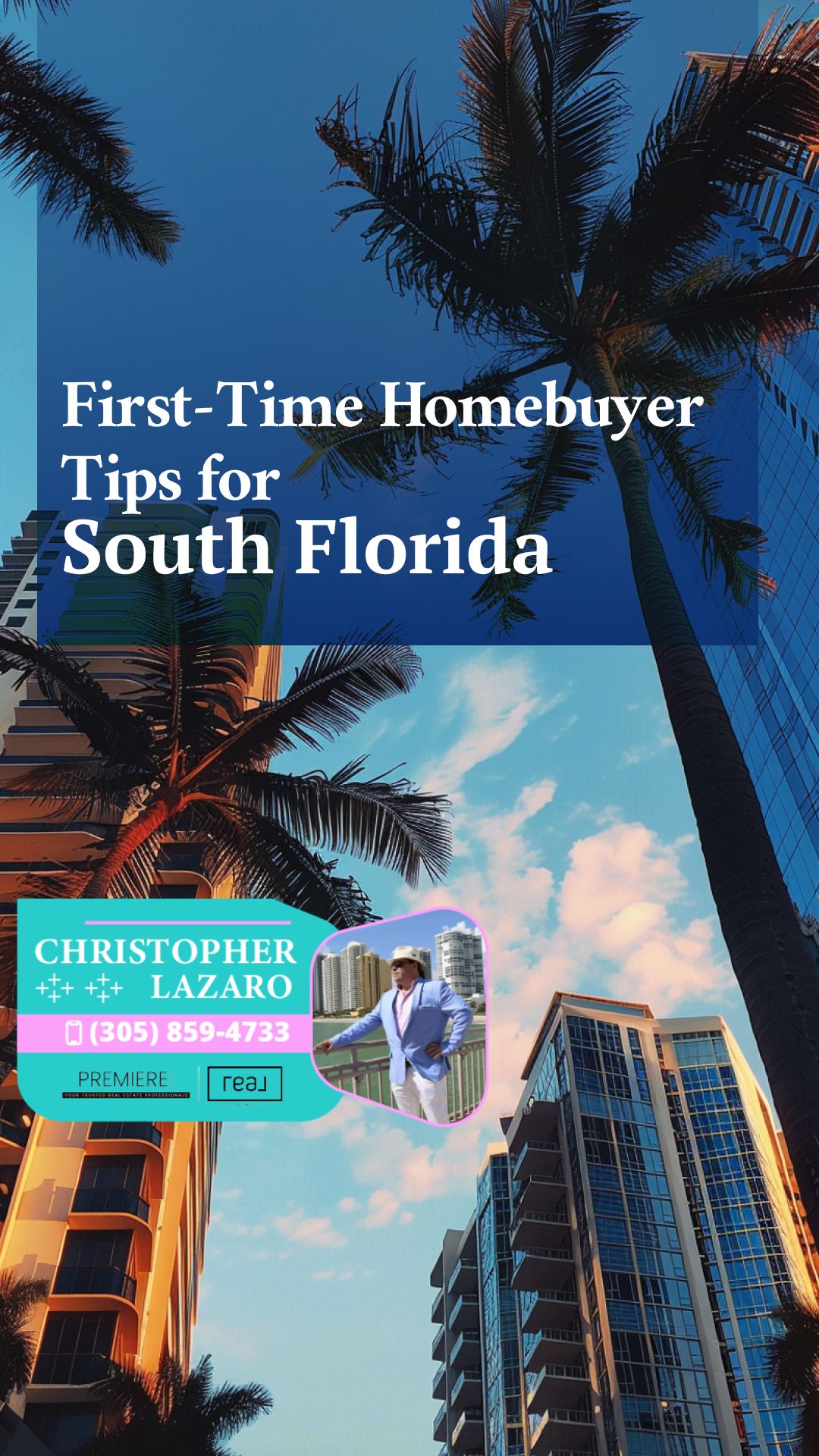 Tall glass skyscrapers and palm trees frame a real estate guide cover for South Florida.