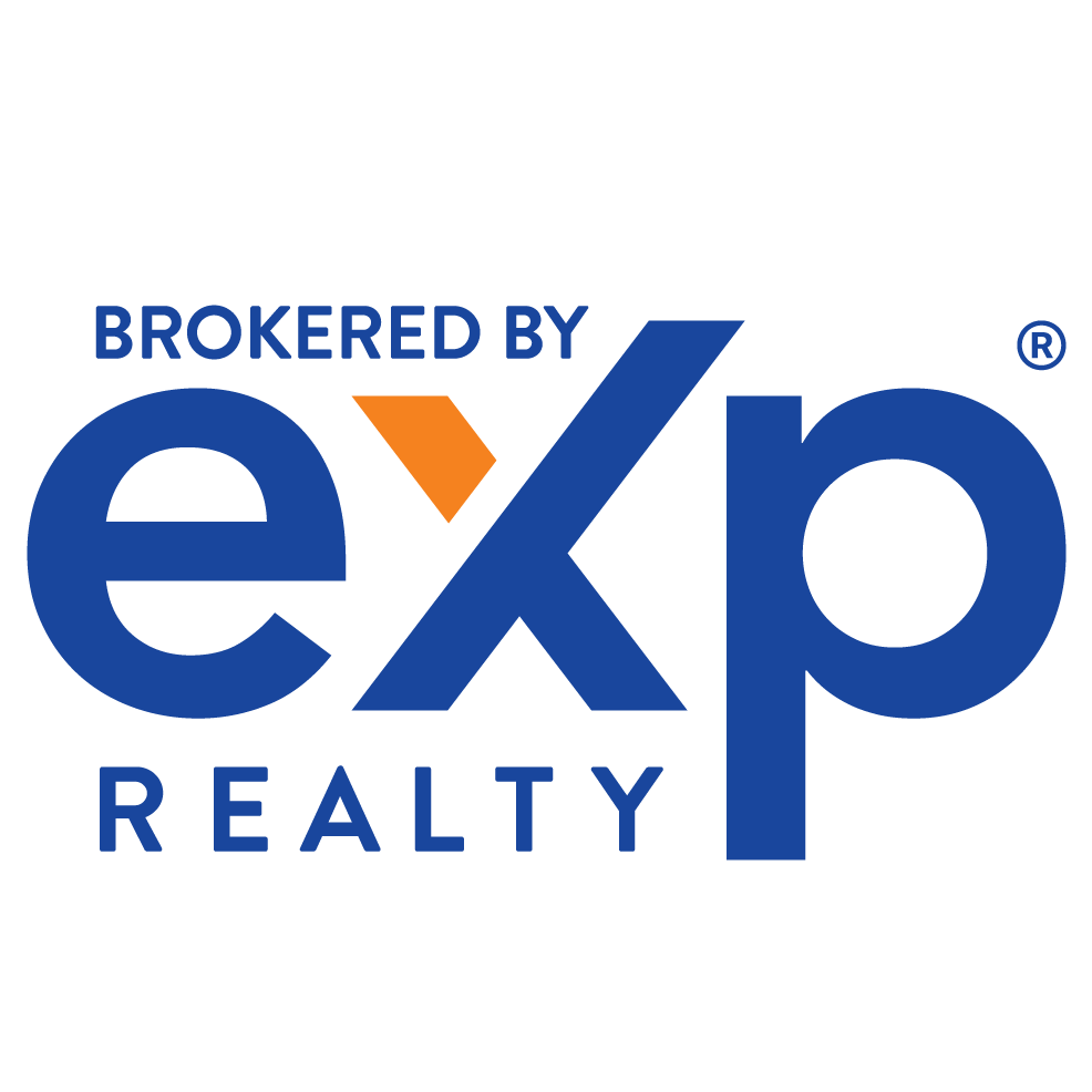 Logo for EXP Realty, text reads "BROKERED BY" above stylized blue "exp" with orange accent, "REALTY" below.