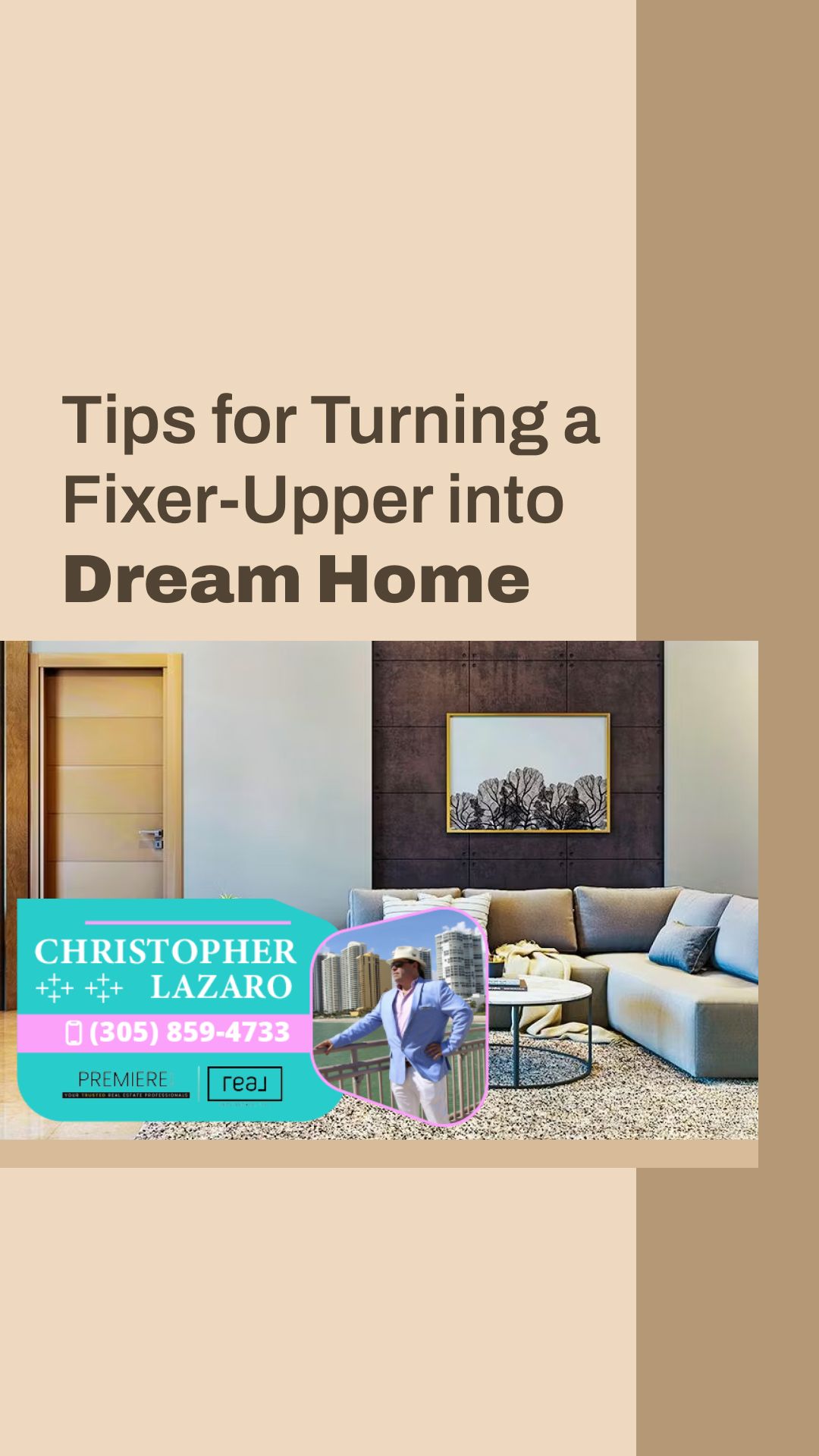 Modern living room with framed cityscape art, beige sofa, wooden door, and real estate agent graphic overlay.