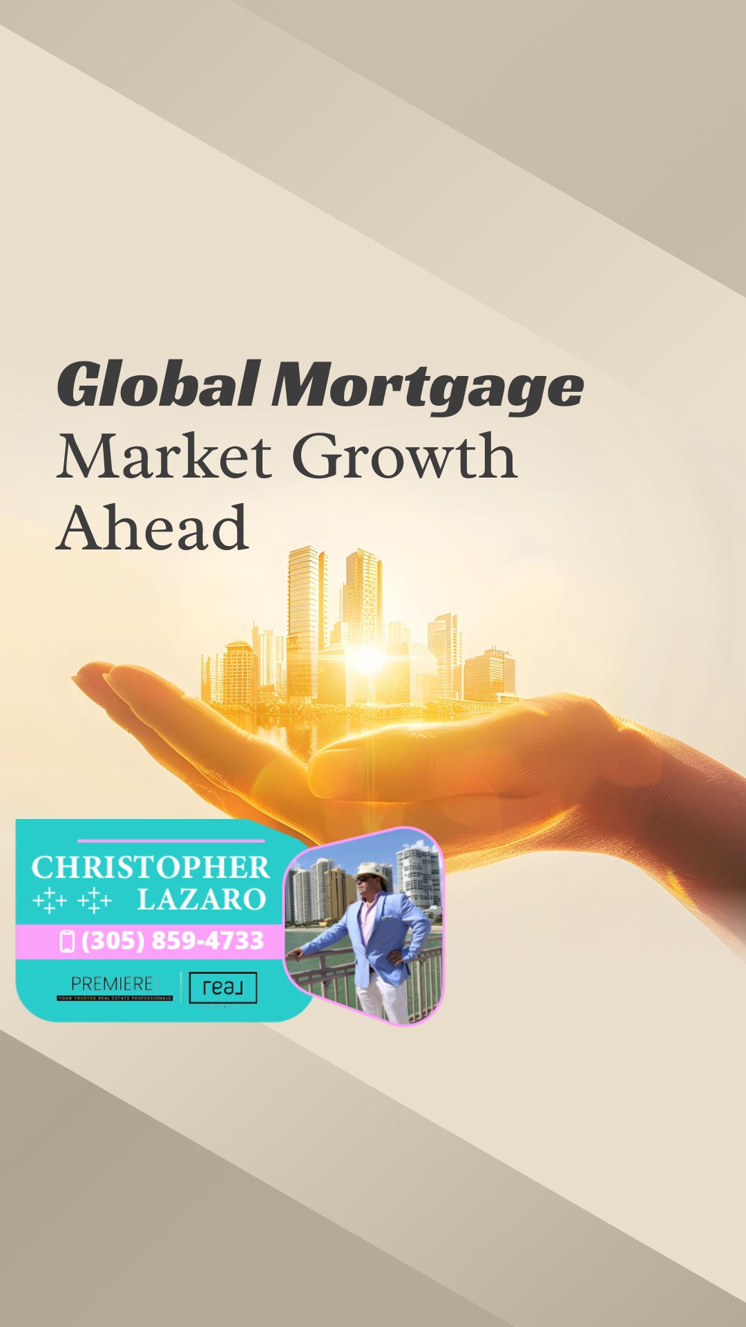 Hand holding city skyline graphic, Global Mortgage text, agent photo, contact info.