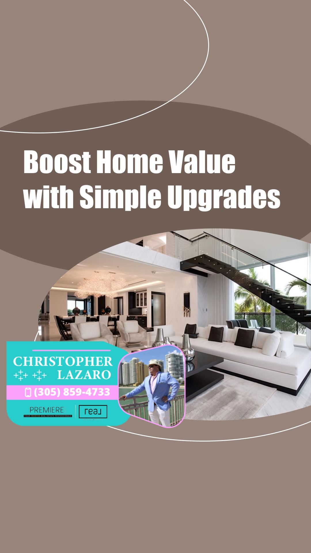 Modern home interior with staircase, large windows, and agent photo overlay.